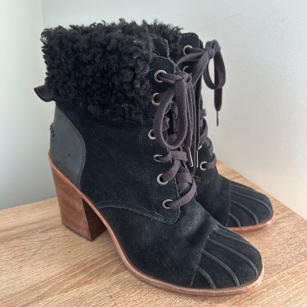 Ugg Jaxon Black Suede Cuff Lace Up Heel Ankle Boot Booties Size 10 Winter Style